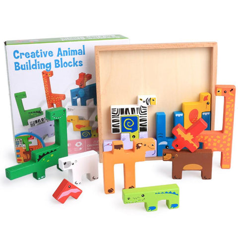 Educational Wooden Cartoon Animal Board 3D Building Block Child Baby Toys